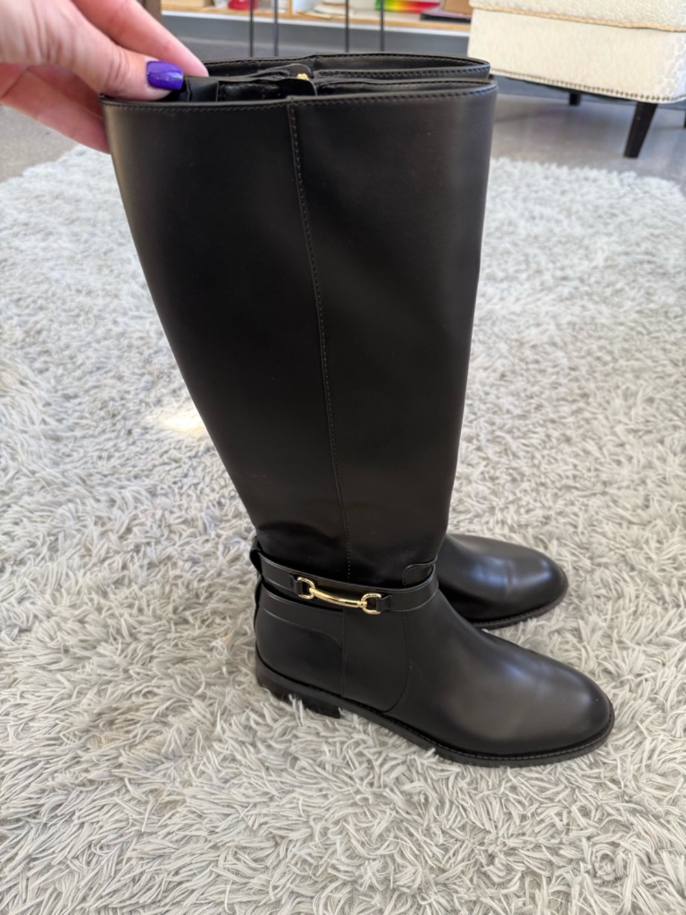 Michael Kors Black Leather Knee-High Riding Boots with Gold Accent